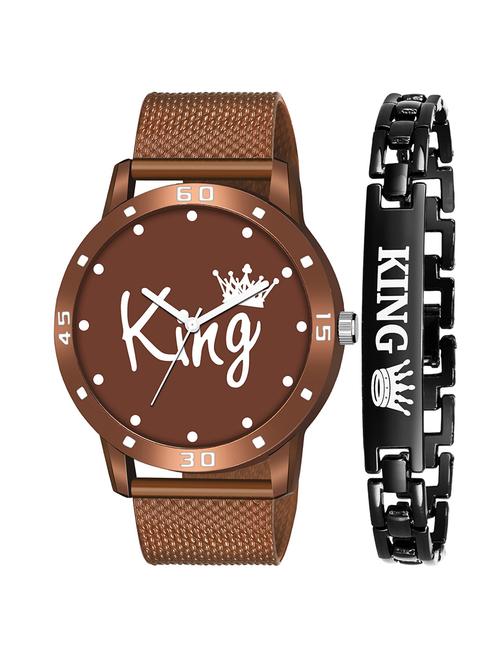 kajaru new fancy stylish - brown pu strap & black king bracelet combo watch - 18384229 - Very Small Image - 1