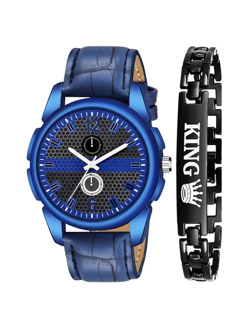 kajaru new fancy stylish - blue leather strap & black king bracelet combo watch - 18384234 - Very Small Image - 1