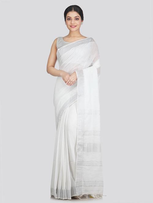 white cotton blend handloom saree with blouse - 18384637 - Very Small Image - 1