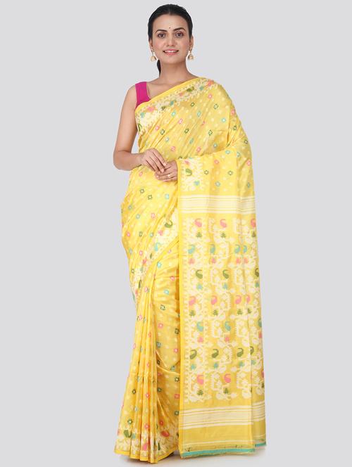 yellow silk jamdani saree with blouse - 18384872 - Very Small Image - 1