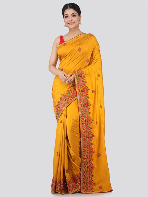 yellow silk embroidered saree - 18384875 - Very Small Image - 1
