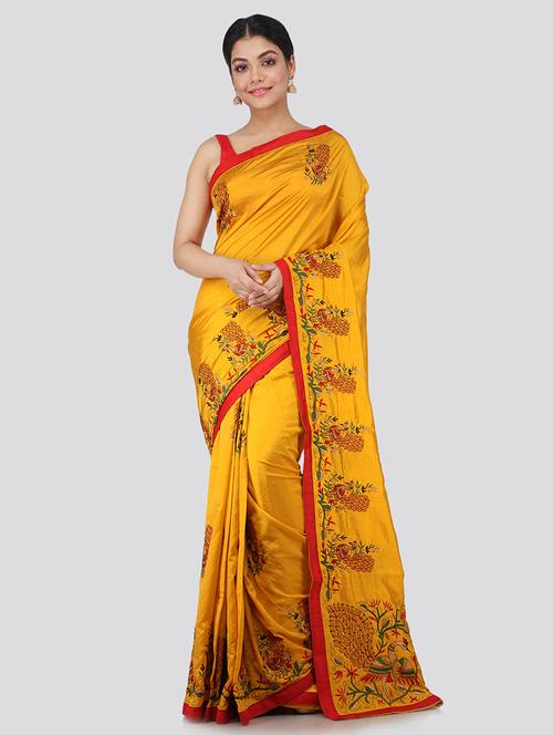 yellow silk embroidered saree - 18384902 - Very Small Image - 1