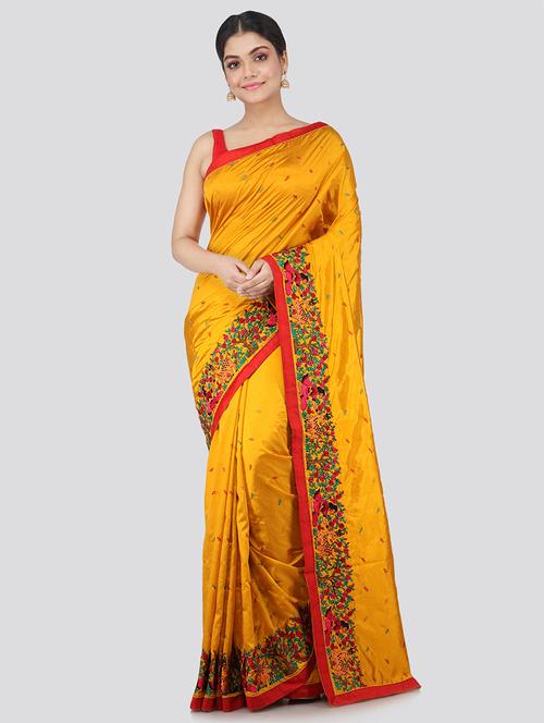 yellow silk embroidered saree with blouse - 18384917 - Very Small Image - 1