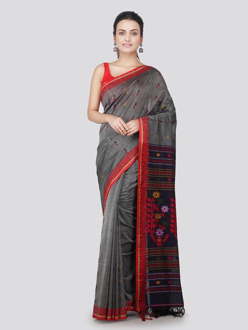 grey cotton handloom saree with blouse - 18384984 - Very Small Image - 1