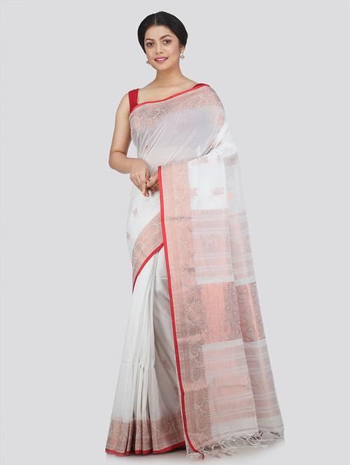 white cotton handloom saree with blouse - 18385013 - Very Small Image - 1