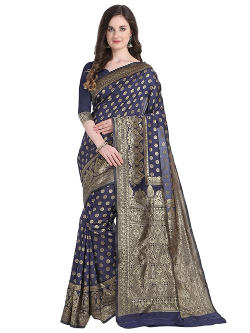 navy cotton silk banarasi saree - 18385046 - Very Small Image - 1