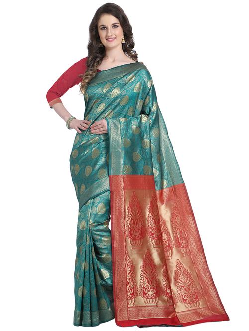 teal banarasi saree with blouse - 18385048 - Very Small Image - 1