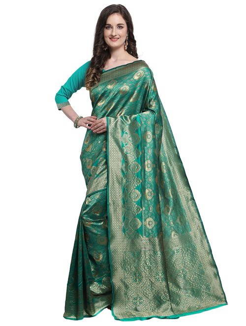 turquoise cotton silk banarasi saree with blouse - 18385055 - Very Small Image - 1