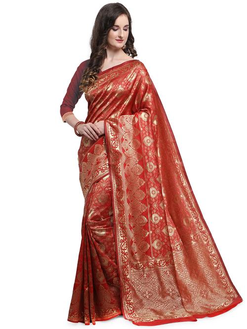 red self design banrasi saree with blouse - 18385057 - Very Small Image - 1