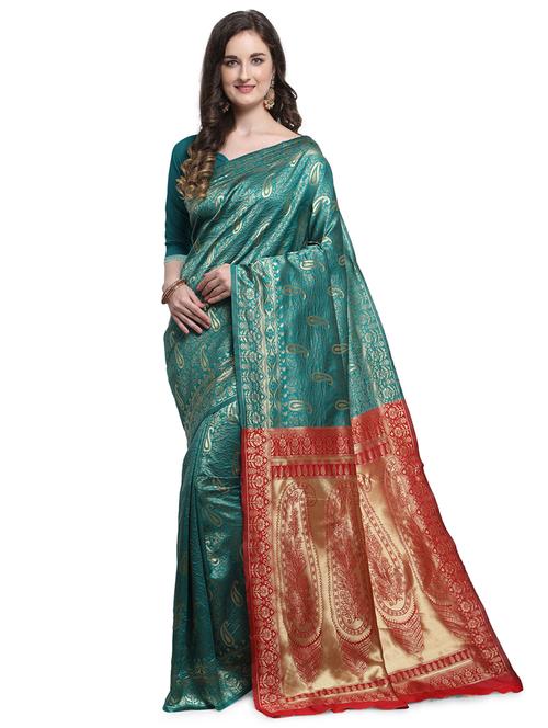 turquoise self design banrasi saree - 18385072 - Very Small Image - 1