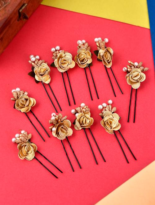 set of 10 women gold flower embellished beaded u pins - 18385162 - Very Small Image - 1