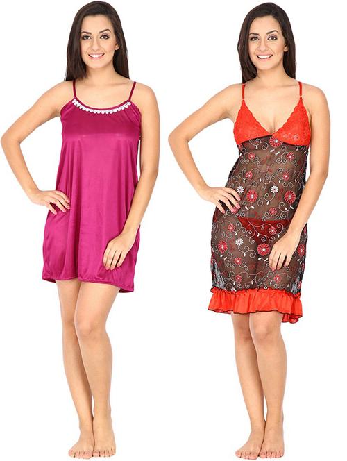 set of 2 shoulder strap solid nightwear set - 18385936 - Very Small Image - 1