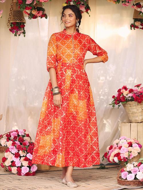 orange bandhani anarkali kurta - 18386030 - Very Small Image - 1