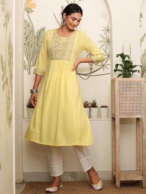 yellow bandhani a-line kurta - 18386043 - Very Small Image - 1