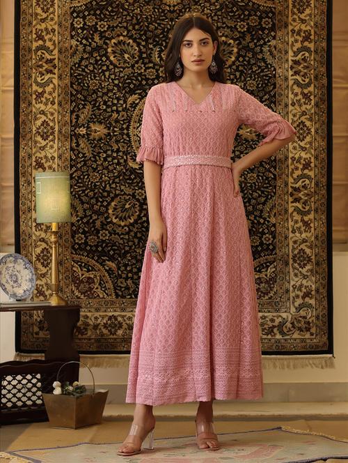 pink chikankari anarkali kurta - 18386061 - Very Small Image - 1