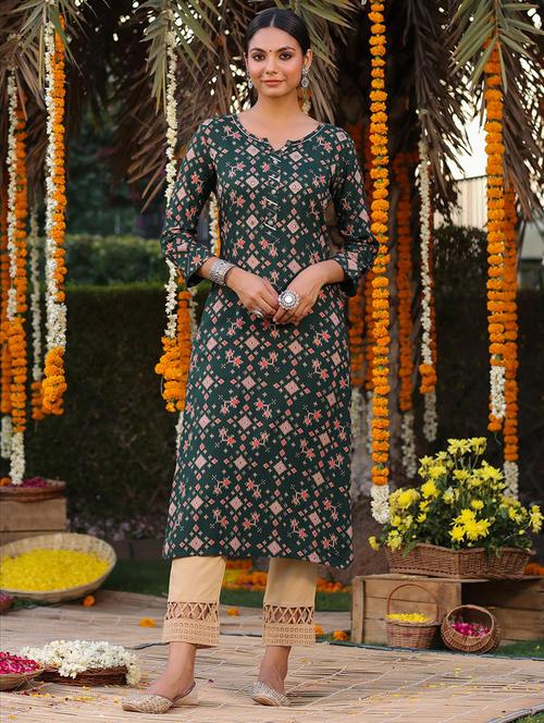 green printed straight kurta - 18386066 - Very Small Image - 1