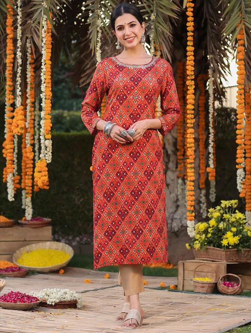 orange printed straight kurta - 18386067 - Very Small Image - 1