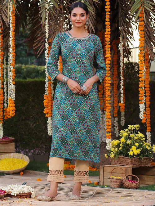 teal printed straight kurta - 18386068 - Very Small Image - 1
