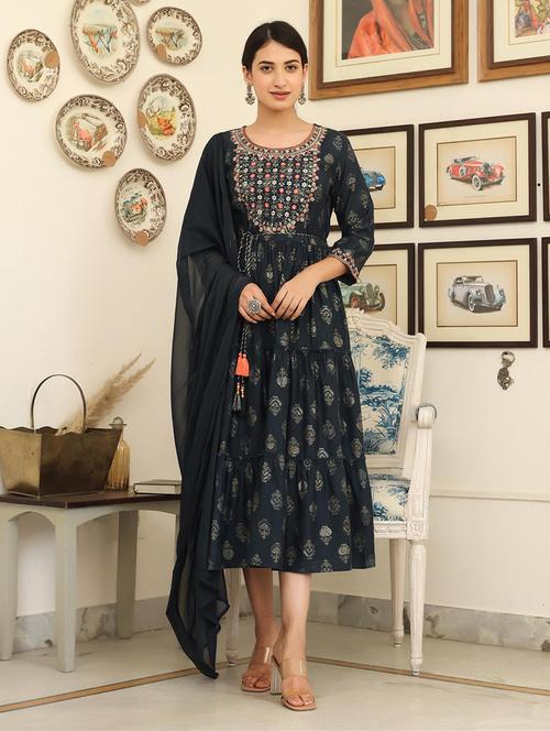 indigo printed anarkali kurta - 18386075 - Very Small Image - 1