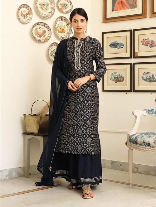 indigo silk kurta sharara set - 18386126 - Very Small Image - 1