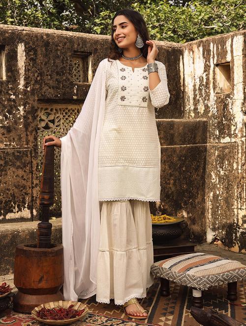 off-white chikankari kurta sharara suit set - 18386155 - Very Small Image - 1