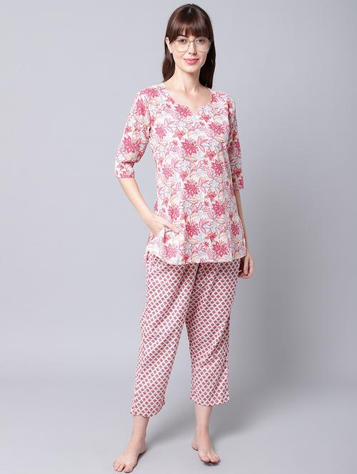 notch neck printed nightwear pajama set - 18386232 - Very Small Image - 1