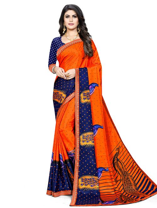 orange silk blend printed saree with blouse - 18386885 - Very Small Image - 1
