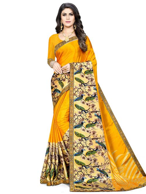 yellow silk blend printed saree with blouse - 18386889 - Very Small Image - 1