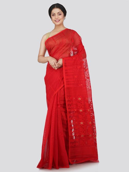 red cotton blend jamdani saree - 18387181 - Very Small Image - 1