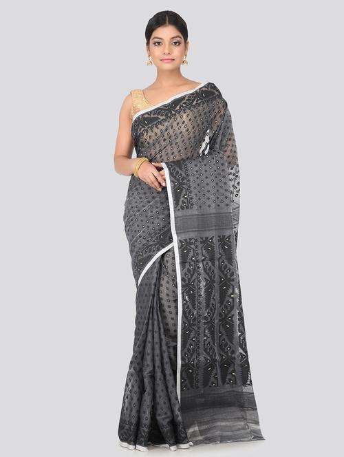 grey cotton jamdani saree - 18387182 - Very Small Image - 1
