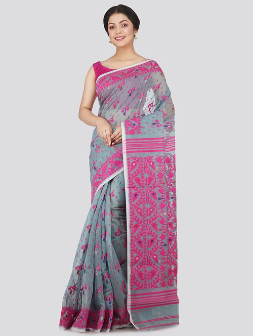 grey cotton jamdani saree - 18387442 - Very Small Image - 1