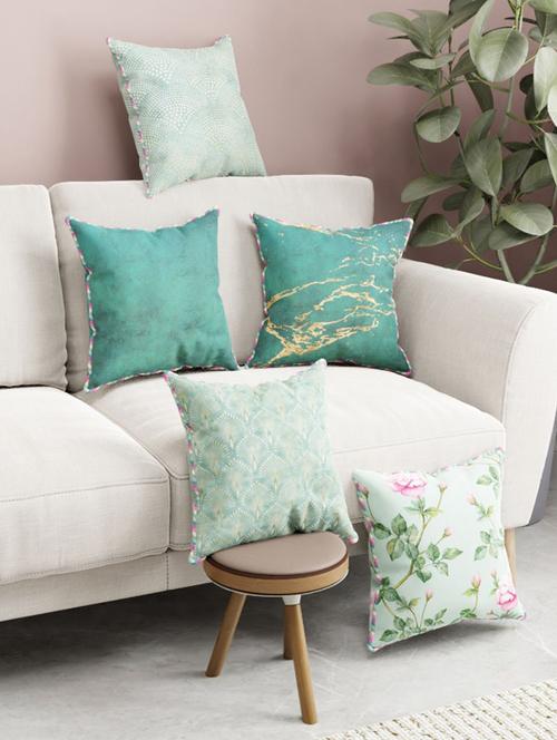bianca designer reversible printed silk linen cushion covers -5pc 16 x16 set (suzane) suzane-mint/teal - 18387703 - Very Small Image - 1