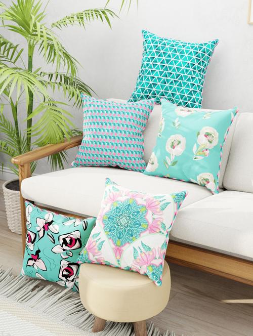 bianca designer reversible printed silk linen cushion covers -5pc 16 x16 set (suzane) suzane-coral/teal - 18387711 - Very Small Image - 1