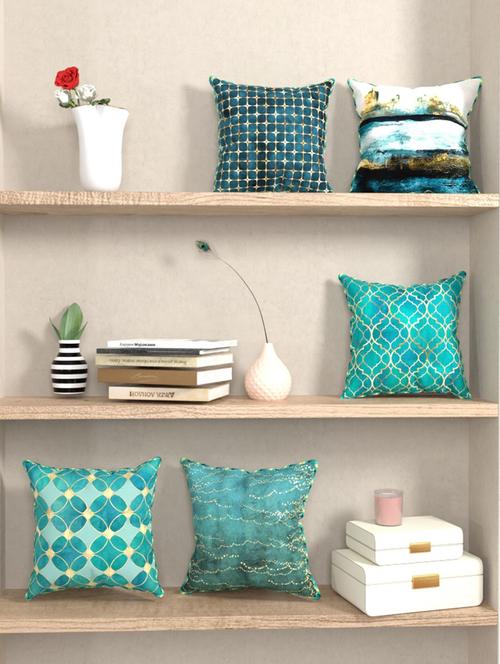 bianca designer reversible printed silk linen cushion covers -5pc 16 x16 set (suzane) suzane-teal/gold - 18387716 - Very Small Image - 1