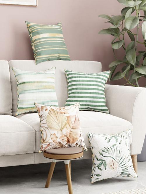 bianca designer reversible printed silk linen cushion covers -5pc 16 x16 set (suzane) suzane-sage/beige - 18387725 - Very Small Image - 1
