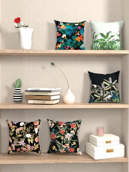 bianca designer reversible printed silk linen cushion covers -5pc 16 x16 set (suzane) suzane-black/green - 18387729 - Very Small Image - 1
