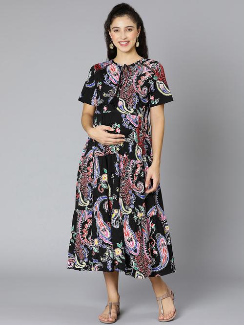 tie up neck paisley fit & flare dress - 18388410 - Very Small Image - 1