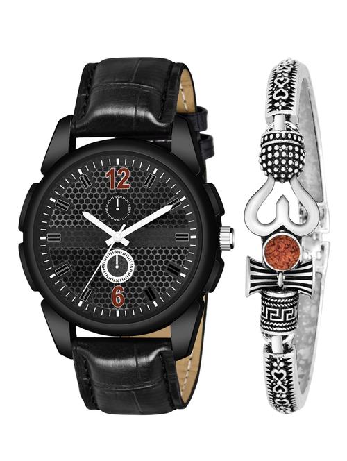 kajaru new fancy stylish - black leather strap & mahadev bracelet combo watch - 18389106 - Very Small Image - 1