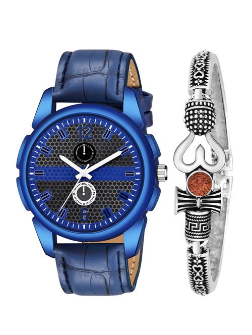 kajaru new fancy stylish - blue leather strap & mahadev bracelet combo watch - 18389107 - Very Small Image - 1