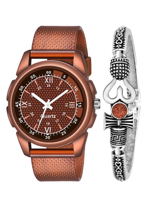 kajaru new fancy stylish - brown pu strap & mahadev bracelet combo watch - 18389114 - Very Small Image - 1