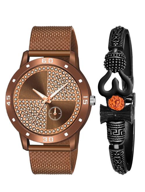 kajaru new fancy stylish - brown pu strap & mahadev bracelet combo watch - 18389143 - Very Small Image - 1
