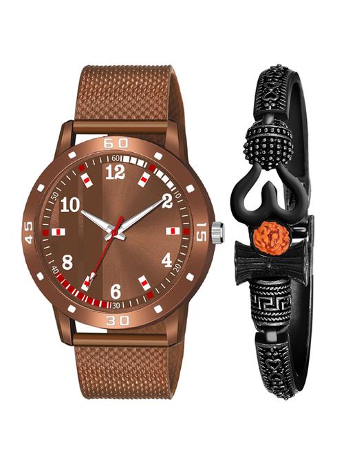 kajaru new fancy stylish - brown pu strap & mahadev bracelet combo watch - 18389145 - Very Small Image - 1