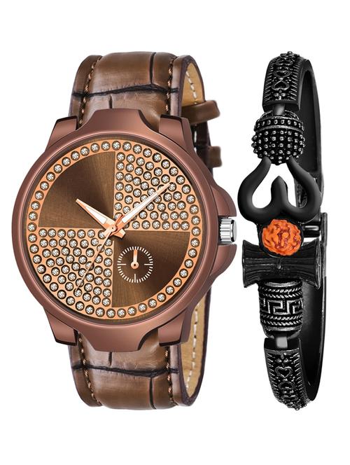 kajaru new fancy stylish - brown leather strap & mahadev bracelet combo watch - 18389154 - Very Small Image - 1