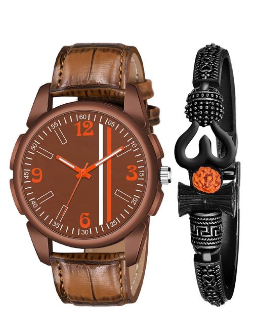 kajaru new fancy stylish - brown leather strap & mahadev bracelet combo watch - 18389165 - Very Small Image - 1
