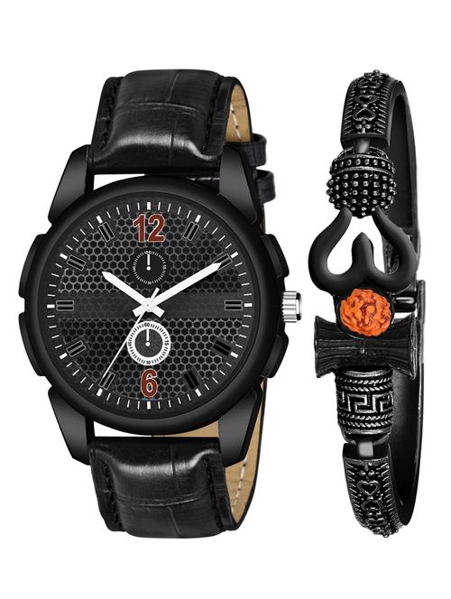 kajaru new fancy stylish - black leather strap & mahadev bracelet combo watch - 18389200 - Very Small Image - 1