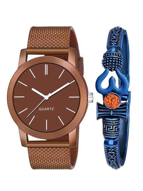 kajaru new fancy stylish - brown pu strap & mahadev bracelet combo watch - 18389218 - Very Small Image - 1