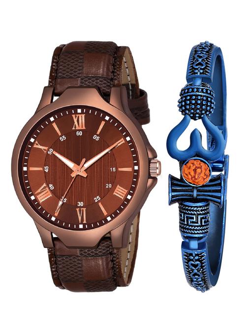 kajaru new fancy stylish - brown leather strap & mahadev bracelet combo watch - 18389220 - Very Small Image - 1