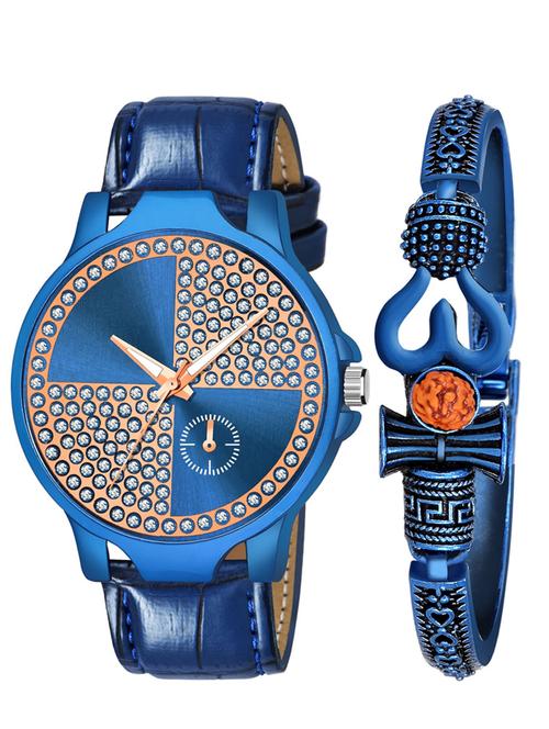 kajaru new fancy stylish - blue leather strap & mahadev bracelet combo watch - 18389247 - Very Small Image - 1