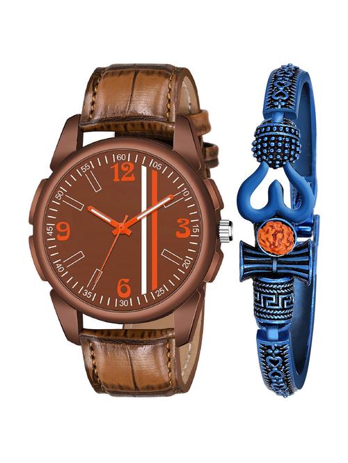kajaru new fancy stylish - brown leather strap & mahadev bracelet combo watch - 18389259 - Very Small Image - 1