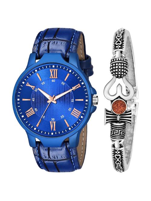 kajaru new fancy stylish - blue leather strap & mahadev bracelet combo watch - 18389293 - Very Small Image - 1